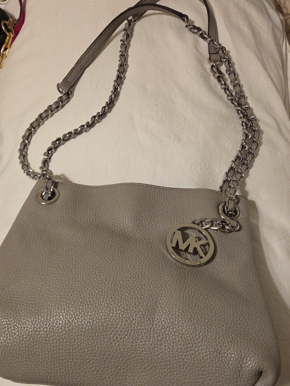 Michael Kors Gray Pebbled Leather Shoulder Bag with Silver Chain